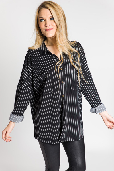 Stretchy Stripe Button Down, Black