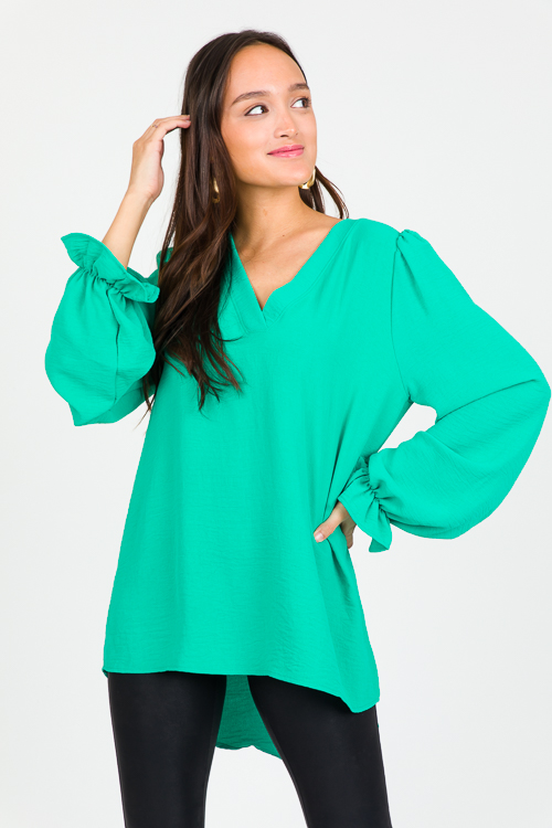 Ruffle Wrist Solid Blouse, Kelly Green - New Arrivals - The Blue Door ...