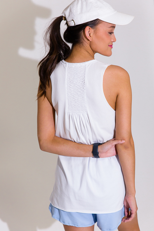 Shirred Detail Knit Tank, White - New Arrivals - The Blue Door Boutique