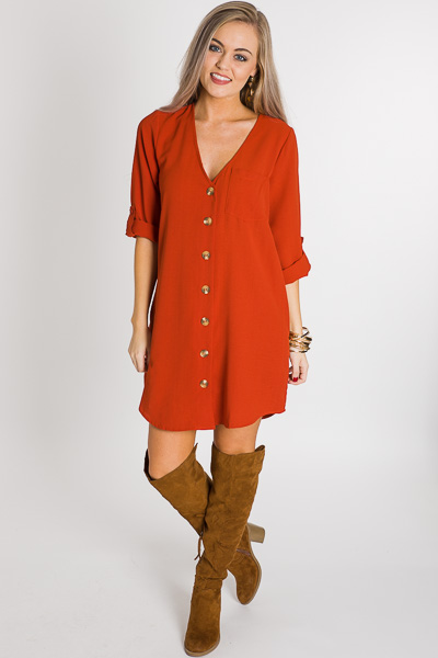 Buttoned V Dress, Rust