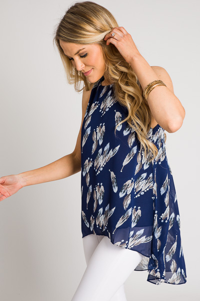 Hi Lo Chiffon Tank, Navy Feather