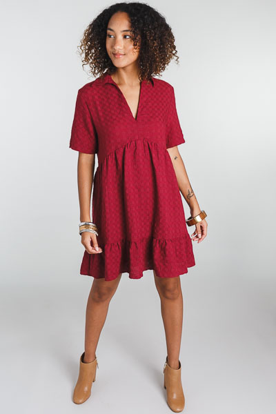Collared Babydoll Dress, Burgundy