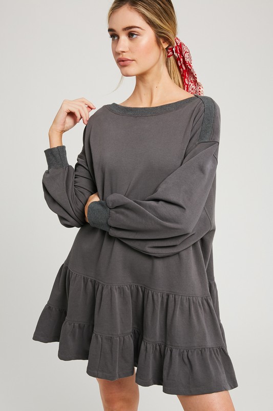 Tiered Sweatshirt Dress, Charcoal