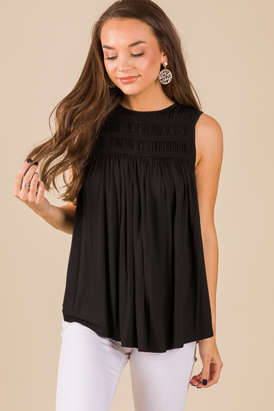 Smocking Stretch Tank, Black