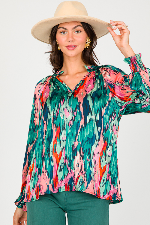 Abstract Blouse, Green/Pink - New Arrivals - The Blue Door Boutique