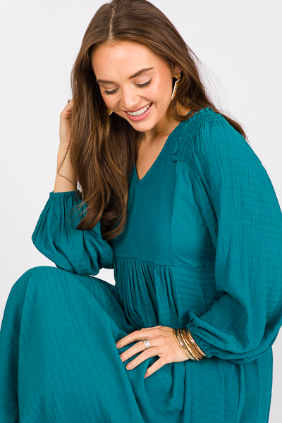 Smock Shoulders Midi, Teal - New Arrivals - The Blue Door Boutique