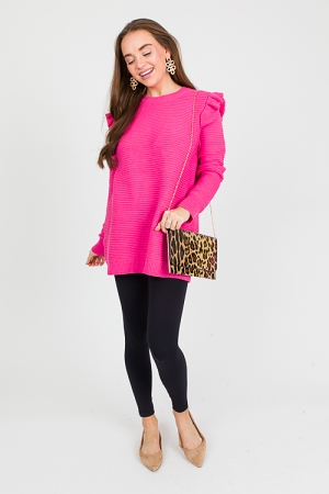 Ruffle Shoulder Tunic Sweater, Hot Pink