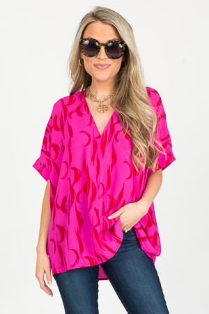 Feather Boxy Blouse, Hot Pink/Red