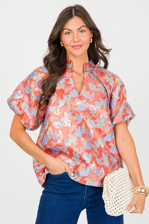 Brocade Floral Blouse, Brick Mix