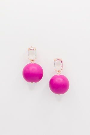 Wood & Glass Dangle Earrings, Fuchsia