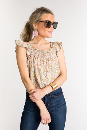 Smock Band Floral Top, Mint
