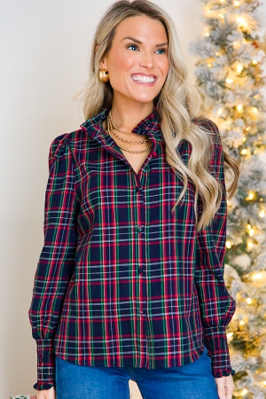 Tartan Button Top, Navy Multi