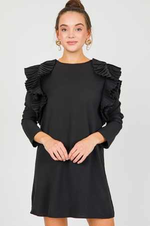 Pleated Ruffle Shift, Black