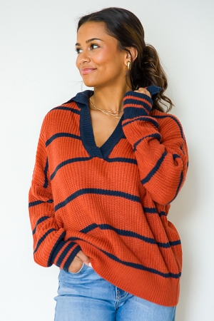 Valerie Stripe Sweater, Rust/Navy