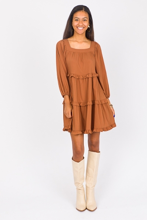 Square Neck Ruffle Dress, Copper