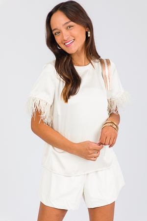 Feather Sleeve Satin Top, Champagne