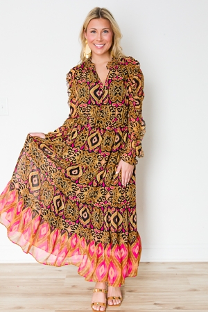 Contrast Hem Print Maxi, Black Fuchsia