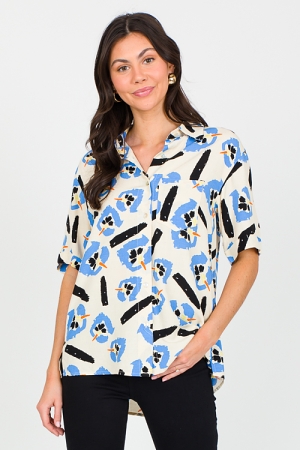 Cuff Sleeve Shirt, Blue Print