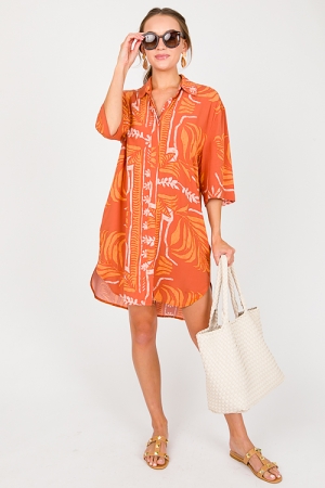 Leaf Print Shirt Dress, Brown