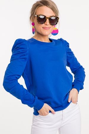Puffed Shoulder Knit Top, Blue