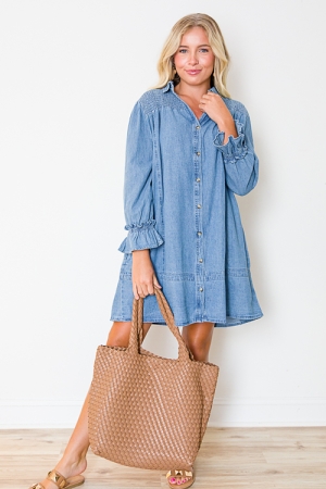 Pink Denim Ruffle Dress - New Arrivals - The Blue Door Boutique