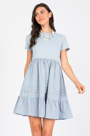 Contrast Cotton Dress, Dusty Blue