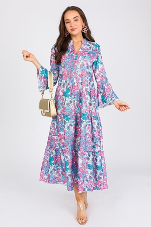 Bell Sleeve Blooms Maxi, Blue