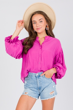 Puff Sleeve Buttoned Top, Magenta