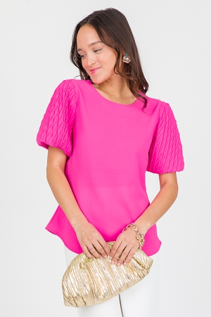 Textured Sleeve Top, Electric Pink