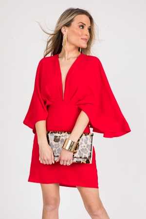 Deep V Cape Dress, Red