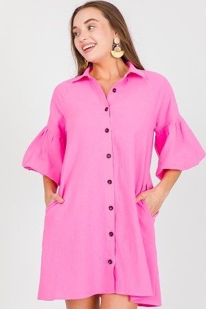 Bubble Sleeves Shirt Dress, Pink