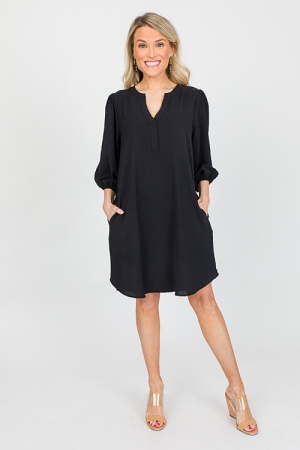Notch Neck Solid Dress, Black