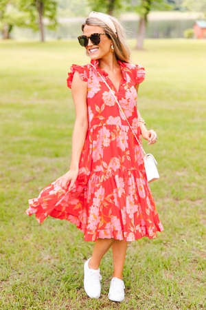 Belted Bold Blooms Dress, Tomato