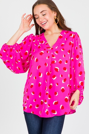 Puffy Sleeve Blouse, Hot Pink Spot