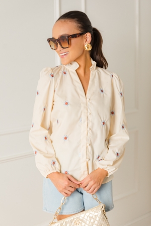 Floral Embroidered Button Top