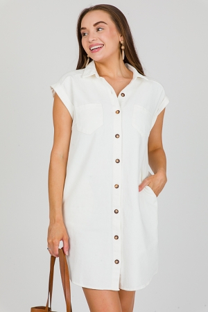 Cuffed Denim Shirt Dress, Off White