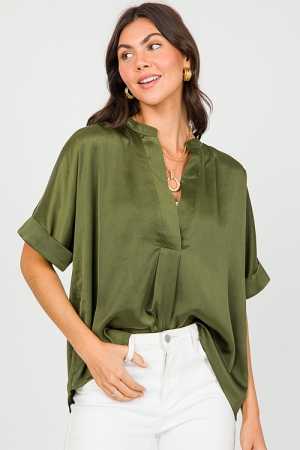 V-Neck Satin Blouse, Olive