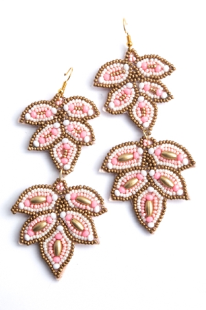 Beaded Leaf Earrings, Pink