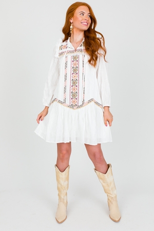 Lace Panels Embroidery Dress, White