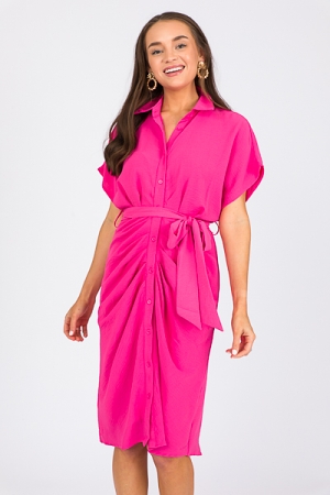 Belted Button Down Midi, Hot Pink