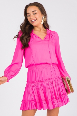 Ruffle Tier Silky Dress, Pink Bubblegum