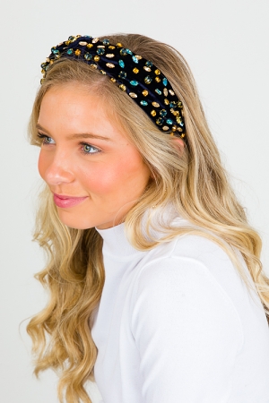 Bejeweled Velvet Headband, Blue