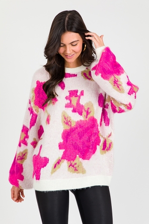 Bold Floral Sweater, Ivory/Fuchsia