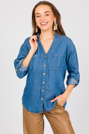 V-neck Tab Button Up, Denim