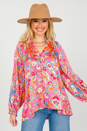 Paisley Floral Button Blouse, Hot Pink