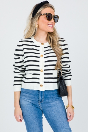 Gold Button Stripe Sweater, Ivory/Black