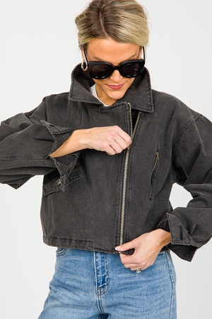 Denim Biker Jacket, Charcoal