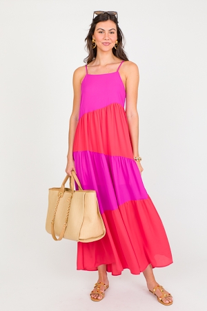 Colorblock Tiered Maxi, Red/Pink