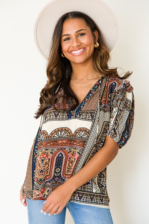 Mix Print Top, Taupe Multi