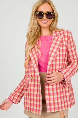 Plaid Blazer Jacket, Fuchsia